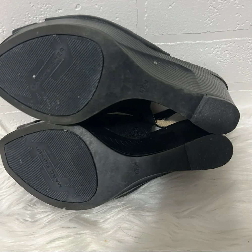 Marc Fisher Black Leather Peep-Toe Slingback Rockabilly Platform Wedges 6.5